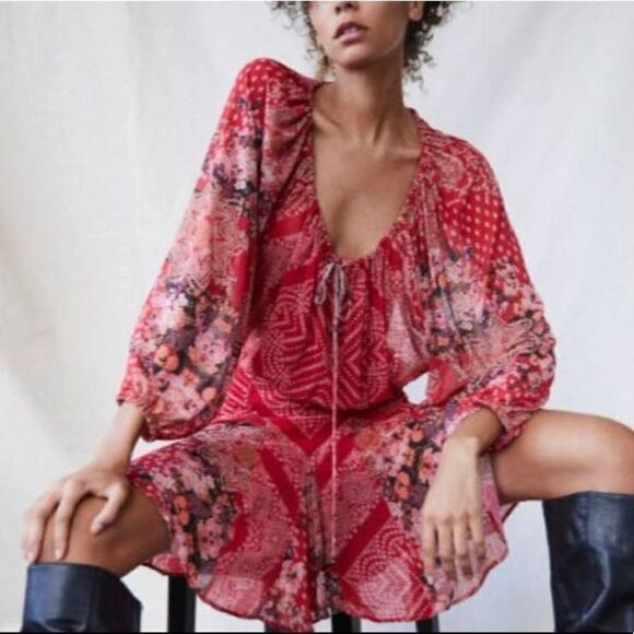 Free People  Seven Wonders Printed Mini Dress in Red - Picture 2 of 6